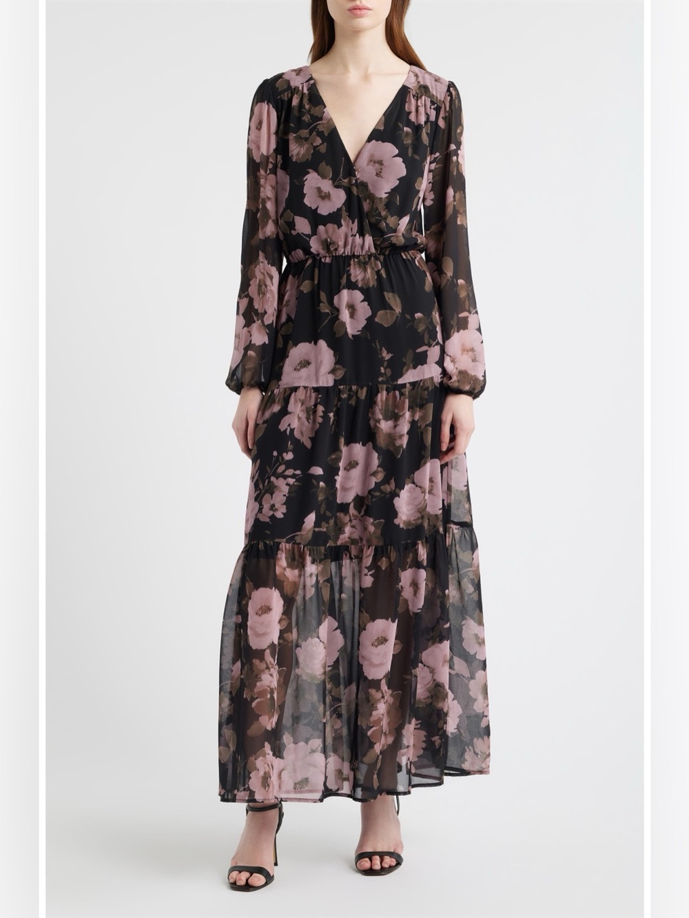 Chelsea 28 Floral Print Long Sleeve Tiered Maxi Dress Size Medium NWT